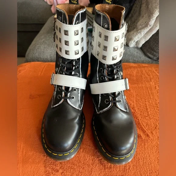 Dr. Martens Black and White Studded Combat Boots - Picture 3 of 7